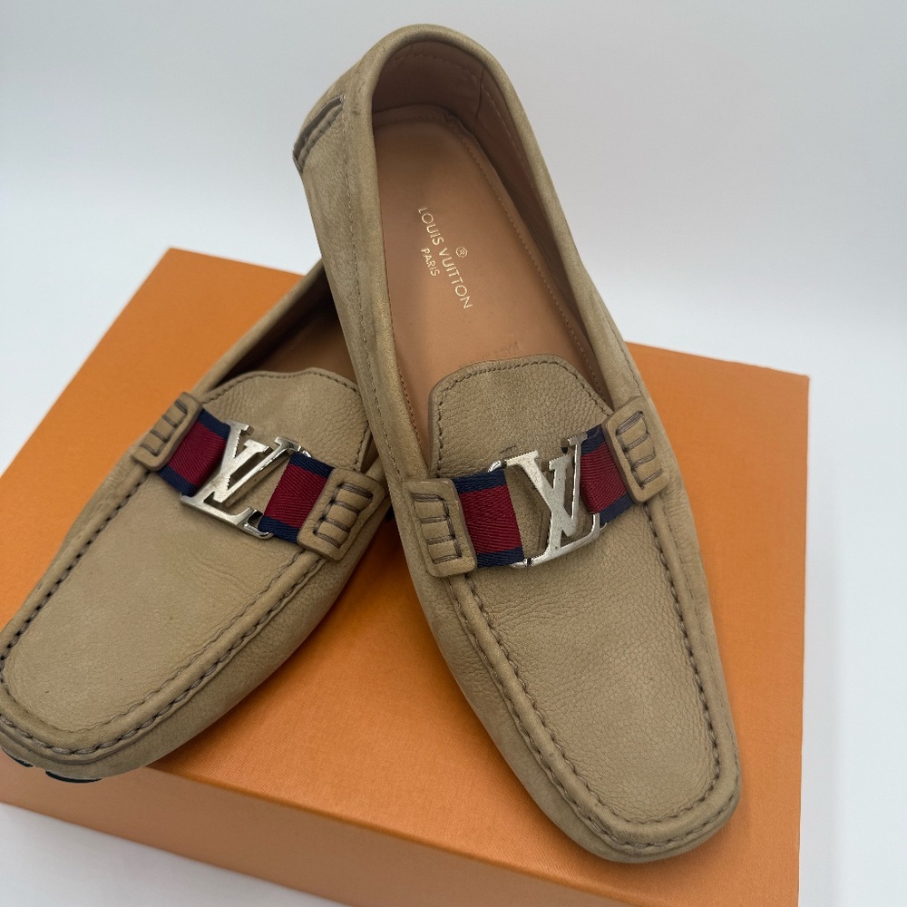 Louis Vuitton Men’s LV Initials Leather Loafers – Beige w/ Web Strap (Size 9)